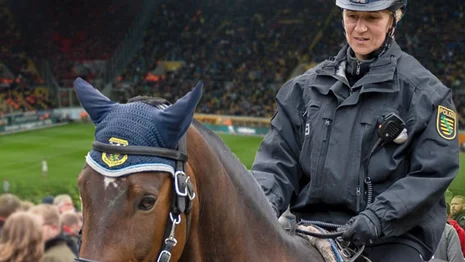 Einsatzbeamtin der Polizei auf einem Pferd, dahinter ein Fußball-Stadion mit zahlreichen Fans, die ein Spiel schauen